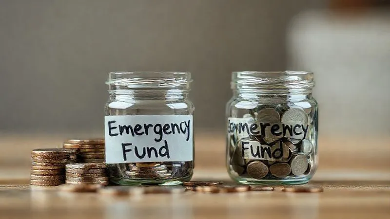 A photorealistic, professional photography, 8K, cinematic lighting, sharp focus, depth of field, shot on a high-end DSLR, of a stack of coins and bills neatly arranged next to a small, clear glass jar labeled 'Emergency Fund', with a subtle, protective glow around it, symbolizing financial security and readiness.