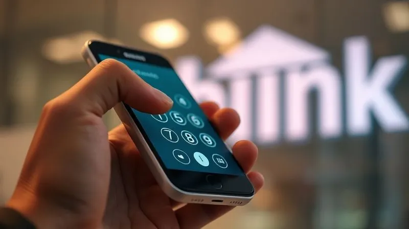 A close-up photorealistic image of a hand holding a phone, dialing a number, with a bank logo subtly in the background. The lighting is warm and reassuring, professional photography, 8K, cinematic lighting, sharp focus, shallow depth of field, shot on a high-end DSLR.