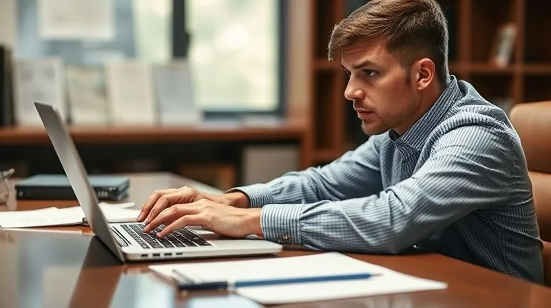 A photorealistic image of a person sitting at a desk, typing on a laptop, with a determined expression on their face. Legal documents are subtly visible in the background. The lighting is professional and focused, professional photography, 8K, cinematic lighting, sharp focus, shallow depth of field, shot on a high-end DSLR.