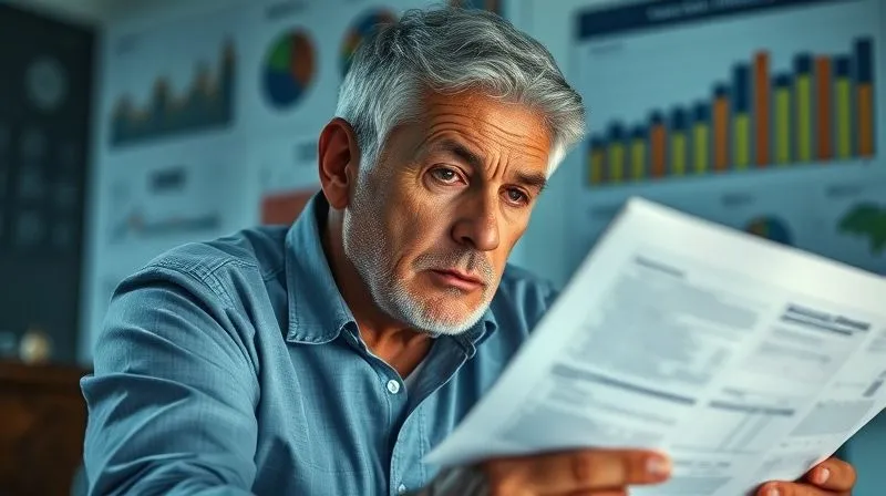 A photorealistic image of a person in their late 50s looking stressed while reviewing complex health insurance documents, with charts and numbers in the background, cinematic lighting, sharp focus.