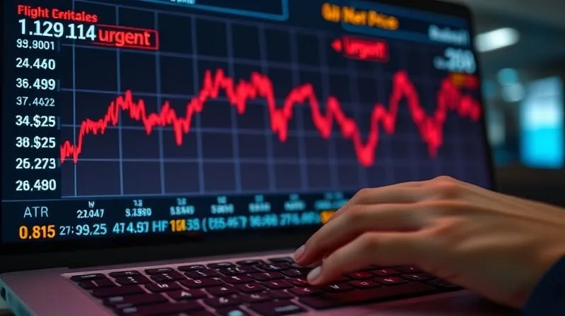 A photorealistic, professional photography, 8K, cinematic lighting, sharp focus, depth of field. A complex digital interface displaying fluctuating flight prices on a graph, with rapidly changing numbers and a glowing red 'urgent' notification, symbolizing dynamic pricing in action. The screen is slightly blurred in the background, with a hand hovering over a keyboard in the foreground, showing a sense of urgency and technology.