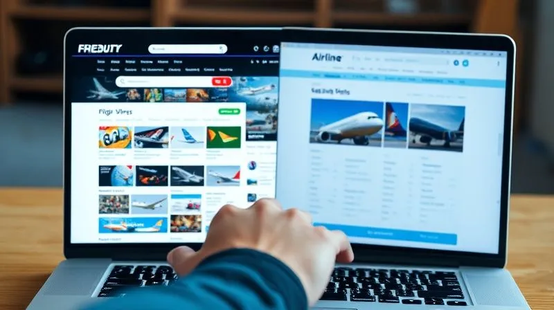 A photorealistic, professional photography, 8K, cinematic lighting, sharp focus, depth of field. A digital split screen on a laptop. On the left, a bustling flight aggregator website with multiple airline logos and a busy search interface. On the right, a clean, branded airline's direct website with a more focused display of flight options. A hand is poised over the trackpad, comparing the two.