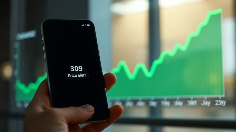 A photorealistic, professional photography, 8K, cinematic lighting, sharp focus, depth of field. A dynamic line graph showing flight price fluctuations over a 30-day period, with a sharp dip highlighted in green around the 7-day mark before departure, and a subsequent sharp rise. A smartphone displaying a 'price alert' notification is in the foreground.