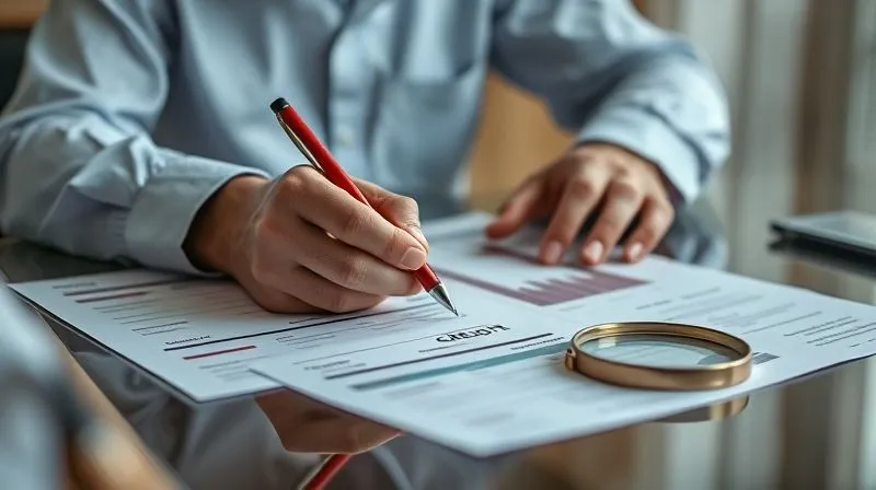 photorealistic, professional photography, 8K, cinematic lighting, sharp focus, depth of field, shot on a high-end DSLR, a focused individual, possibly a financial analyst or business owner, meticulously examining three printed credit reports spread across a polished desk, using a red pen to circle discrepancies, a magnifying glass nearby, soft ambient light, representing careful review and problem identification.
