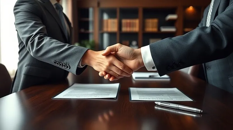 photorealistic, professional photography, 8K, cinematic lighting, sharp focus, depth of field, shot on a high-end DSLR, a respectful, firm handshake between a professional client and an attorney across a large, dark wood desk, legal documents and a pen visible, in a sophisticated law office, conveying trust, resolution, and expert assistance.