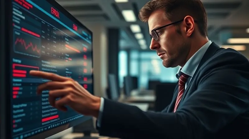 A photorealistic image of a stressed payroll manager quickly reviewing a digital dashboard with red error indicators, cinematic lighting, sharp focus on the screen and their concerned expression, depth of field blurring the background office. 8K, shot on a high-end DSLR.