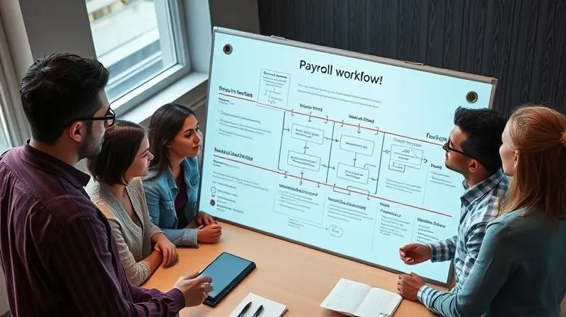 A photorealistic, high-angle shot of a diverse team of finance professionals collaborating around a large, interactive digital whiteboard displaying a streamlined payroll workflow diagram. The atmosphere is calm and efficient, with cinematic lighting highlighting their focused expressions. 8K, shot on a high-end DSLR.