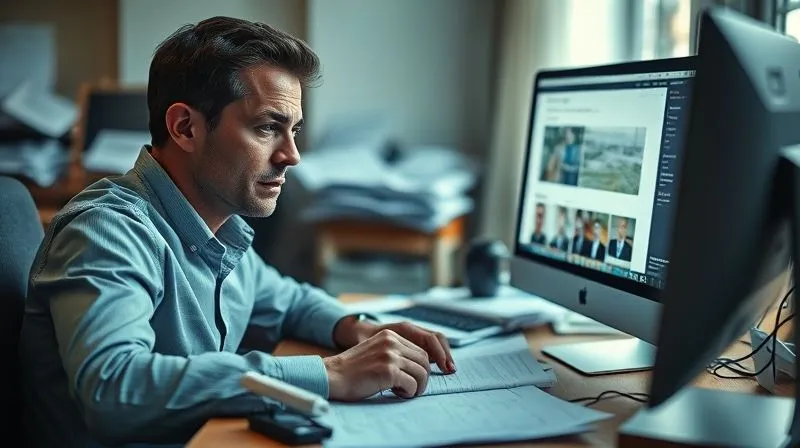 A photorealistic image of a person sitting at a desk, looking stressed, surrounded by scattered documents, with a blurred computer screen showing official government websites. Cinematic lighting, sharp focus on the person's face, depth of field. 8K hyper-detailed, professional photography.
