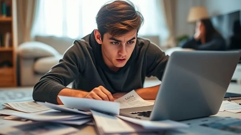 photorealistic, professional photography, 8K, cinematic lighting, sharp focus, depth of field, shot on a high-end DSLR. A young adult student, looking stressed but determined, sits surrounded by scattered financial documents and a laptop, a warm light shining on their face, symbolizing hope amidst complexity. The background is slightly blurred, showing elements of a home environment. The overall mood is one of quiet struggle and the search for solutions.