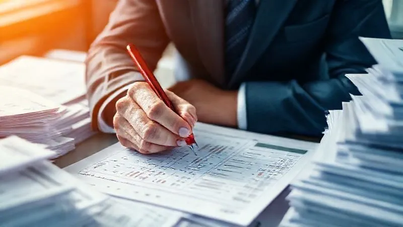 A photorealistic, professional photography, 8K, cinematic lighting, sharp focus, depth of field, shot on a high-end DSLR, image of a business person meticulously reviewing a financial ledger, highlighting lines with a red pen, surrounded by stacks of invoices, conveying urgency and precision in cost-cutting.