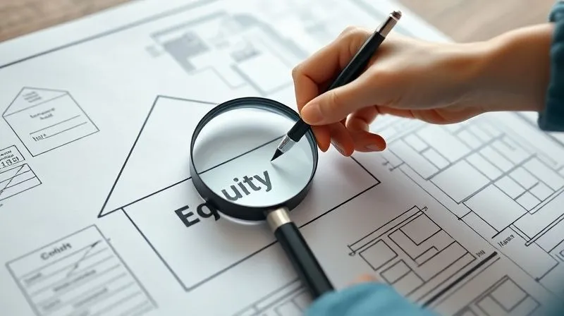 A photorealistic image of a house blueprint laid out on a table, with a magnifying glass hovering over a section labeled 'Equity', and a hand holding a pen poised to draw a line of credit. Cinematic lighting, sharp focus on the blueprint and hand, depth of field blurring the background, 8K hyper-detailed, professional photography, shot on a high-end DSLR.