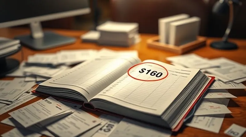 A photorealistic image of a detailed ledger book open on a desk, a red circle drawn around a specific number, surrounded by scattered receipts and invoices, dramatic overhead lighting, sharp focus on the ledger, depth of field blurring the surrounding office environment, 8K, professional photography.