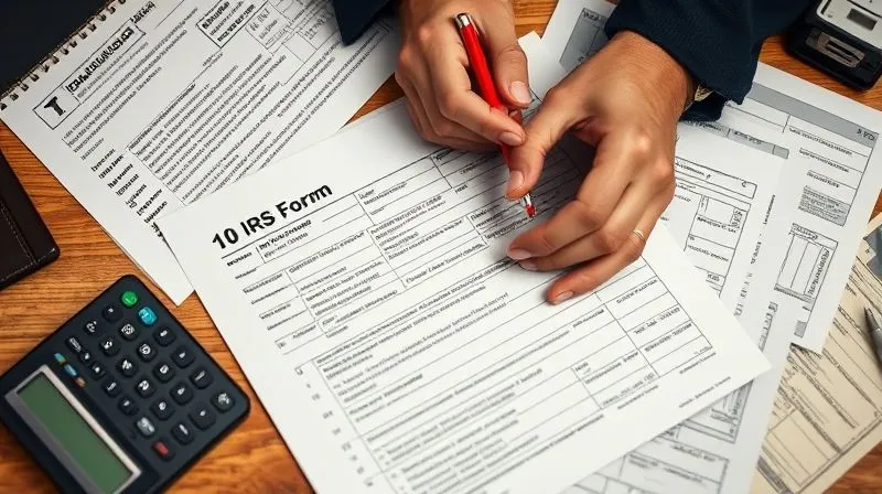A photorealistic overhead shot of hands meticulously filling out an IRS Form 1120-X, with a red pen, calculator, and original tax documents scattered around, cinematic lighting, sharp focus on the form, depth of field blurring the desk surface, 8K, professional photography.