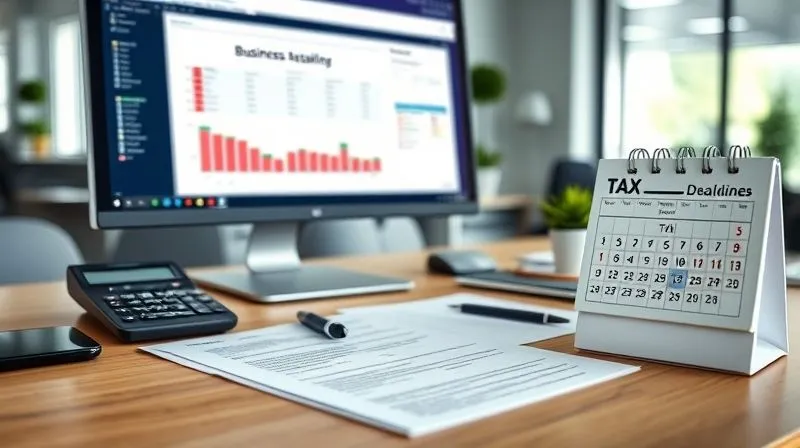 A photorealistic image of a clean, organized desk with a business ledger, a financial software interface on a monitor, a calculator, and a calendar with 'Tax Deadlines' highlighted, bathed in soft, natural light, sharp focus on the organized items, depth of field blurring a modern office background, 8K, professional photography, conveying order and efficiency.