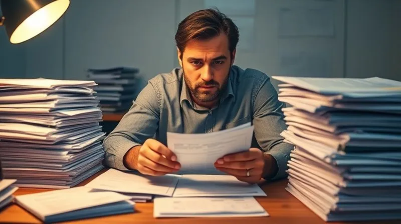 A photorealistic image of a person sitting at a desk, surrounded by stacks of financial documents, meticulously organizing receipts and tax forms, with a focused yet slightly stressed expression. The desk is illuminated by a warm, focused light, highlighting the papers. Professional photography, 8K, cinematic lighting, sharp focus, depth of field.