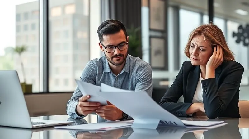 A photorealistic image of a tax professional (CPA or Enrolled Agent) in a modern, well-lit office, calmly explaining complex tax documents to a concerned client. Both are looking at a tax form on a table. The professional exudes competence and empathy, while the client shows signs of relief. Professional photography, 8K, cinematic lighting, sharp focus, depth of field.