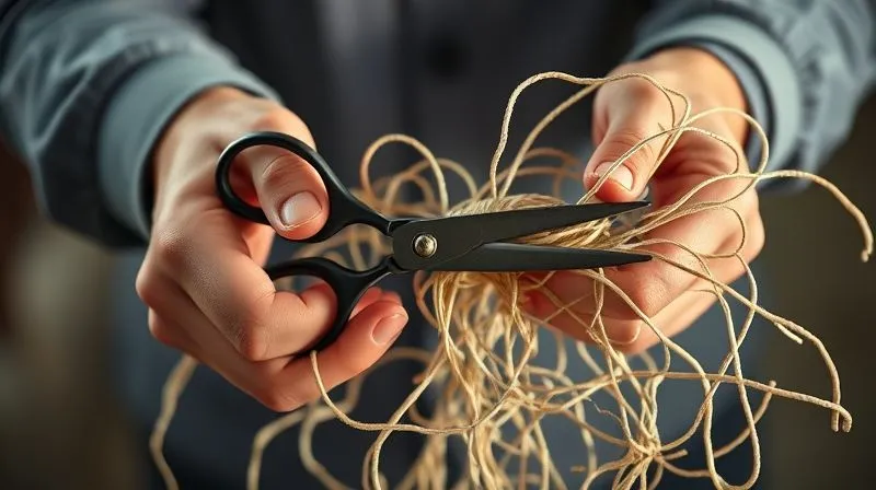 photorealistic, professional photography, 8K, cinematic lighting, sharp focus, depth of field, shot on a high-end DSLR, a person's hands holding a pair of scissors, poised to cut a tangled web of financial strings representing various expenses, with some strings already neatly severed, symbolizing decisive and immediate spending cuts, a focused and determined action, sharp lighting on the hands and scissors.