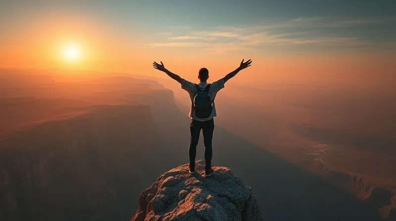 photorealistic, professional photography, 8K, cinematic lighting, sharp focus, depth of field, shot on a high-end DSLR, a person standing confidently at the edge of a cliff, looking out at a vast, open landscape with a rising sun, arms outstretched in a gesture of hope and resilience, symbolizing overcoming adversity and looking towards a brighter future, dramatic lighting, a sense of peace and strength.