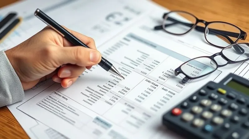 photorealistic, professional photography, 8K, cinematic lighting, sharp focus, depth of field, shot on a high-end DSLR, a person's hand holding a pen, pointing at a complex financial statement with various numbers and small print, with a calculator and a pair of reading glasses nearby. The background is a soft blur of tax documents or a financial spreadsheet on a computer screen, emphasizing the intricate nature of financial planning and tax considerations.