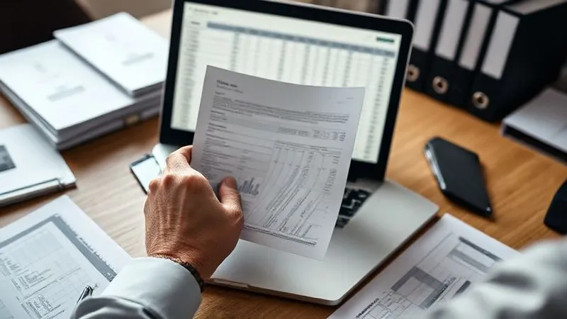 A photorealistic image of a professional accountant's hands meticulously cross-referencing a printed tax form with a digital spreadsheet on a laptop screen. The desk is organized with binders and financial documents. Cinematic lighting highlights the focused work, sharp focus on the documents, depth of field blurring the background, 8K, shot on a high-end DSLR.