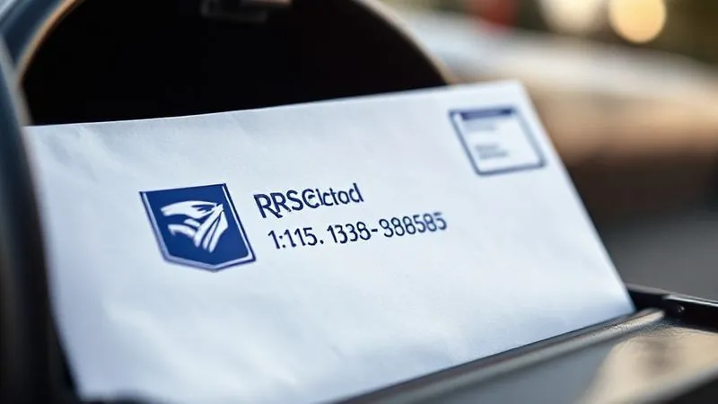 A photorealistic image of a certified mail envelope with an IRS address clearly visible, being placed into a mailbox. The scene conveys a sense of finality and official action, with crisp lighting and sharp focus on the envelope, depth of field blurring the background, 8K, shot on a high-end DSLR.