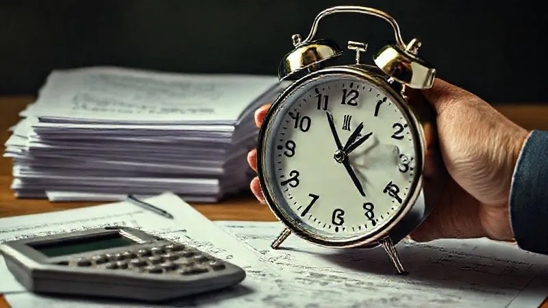 A photorealistic image of a ticking clock superimposed over stacks of tax documents and a calculator, with a stressed hand reaching for a pen, representing the urgency of tax compliance, cinematic lighting, sharp focus, depth of field, 8K hyper-detailed.