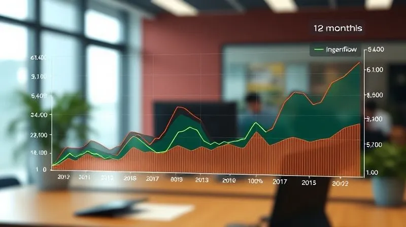 Photorealistic, professional photography, 8K, cinematic lighting, sharp focus, depth of field, shot on a high-end DSLR. A sophisticated digital dashboard displaying a clear, multi-colored graph of projected cash inflows and outflows over 12 months, with green lines consistently above red, indicating healthy future cash flow, set against a blurred office background, symbolizing proactive financial planning.
