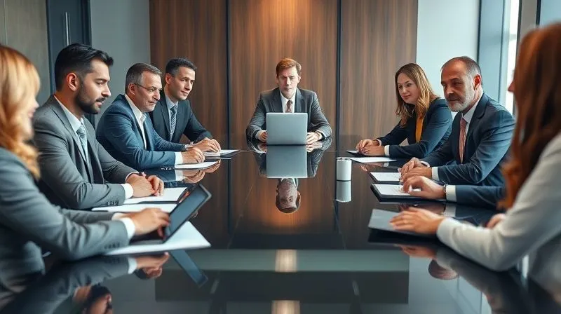 Photorealistic image of a diverse group of corporate board members engaged in a serious discussion around a modern conference table, with legal documents and tablets. Professional photography, 8K, cinematic lighting, sharp focus on their faces showing thoughtful expression, depth of field blurring the background, shot on a high-end DSLR.