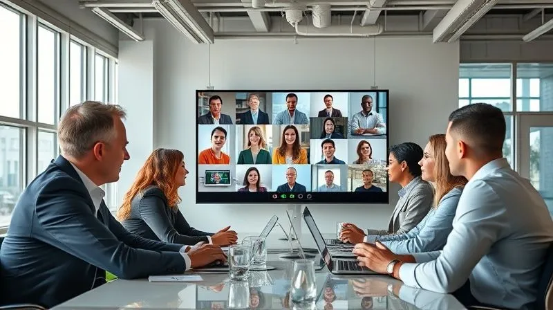 Photorealistic image of diverse business professionals in a modern, sunlit office, collaborating and communicating openly with each other and a diverse group of stakeholders via video conference on a large screen. The scene emphasizes transparency and clear dialogue. Professional photography, 8K, cinematic lighting, sharp focus on the interactions, depth of field blurring the background, shot on a high-end DSLR.