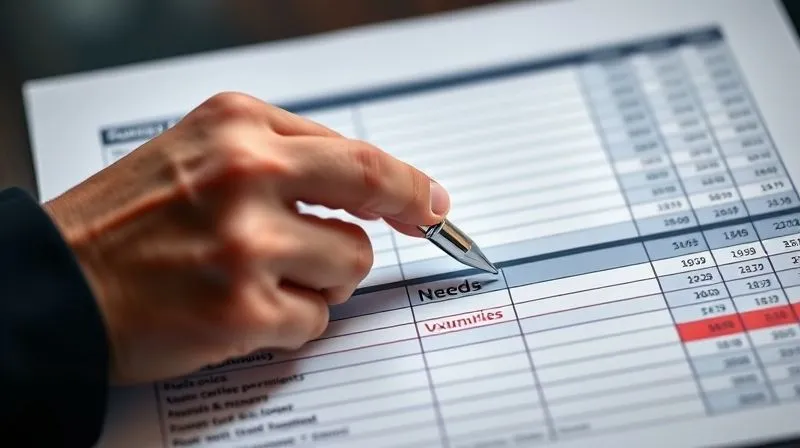A photorealistic image of a professional's hand holding a pen, hovering over a detailed budget spreadsheet, with sections clearly labeled 'Needs', 'Wants', and 'Luxuries'. The 'Wants' and 'Luxuries' sections are subtly highlighted in red or with cross-out lines. Soft, focused lighting, professional photography, 8K, cinematic lighting, sharp focus on the hand and spreadsheet, depth of field blurring the background, shot on a high-end DSLR.