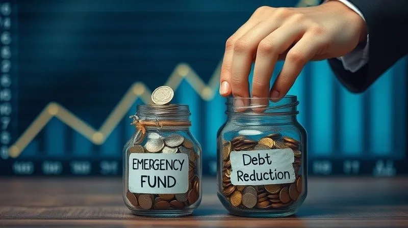 A photorealistic image of a professional's hands carefully placing small coins into two distinct piggy banks or transparent jars, one labeled 'Emergency Fund' and the other 'Debt Reduction'. The background shows a subtly blurred financial graph trending upwards. Professional photography, 8K, cinematic lighting, sharp focus on the hands and jars, depth of field blurring the background, shot on a high-end DSLR.