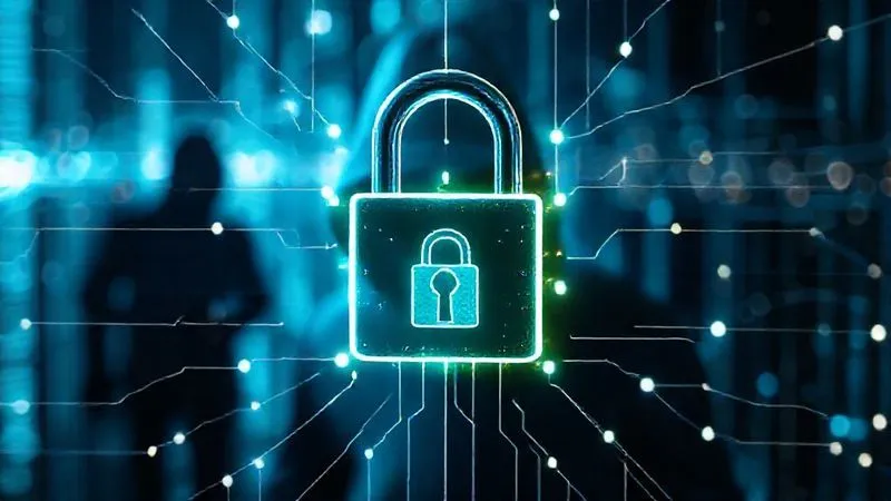 A photorealistic image showing a digital lock with a padlock icon, surrounded by a network of glowing lines representing data transfers, with a shadowy figure in the background symbolizing a hacker. Cinematic lighting, sharp focus on the lock, depth of field, 8K hyper-detailed.