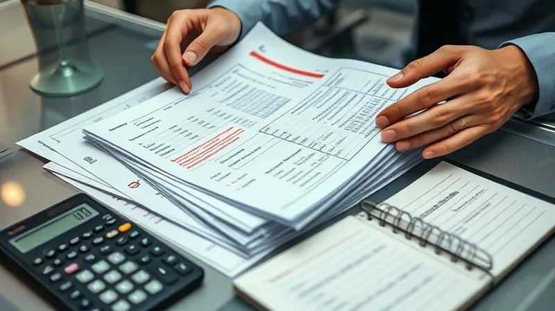 photorealistic, professional photography, 8K, cinematic lighting, sharp focus, depth of field, shot on a high-end DSLR. A person's hands meticulously reviewing a stack of complex financial documents and spreadsheets, highlighted with red markers indicating potential discrepancies. A calculator and a legal pad with urgent notes are visible on a modern office desk. The scene conveys a sense of intense scrutiny and the identification of problems.