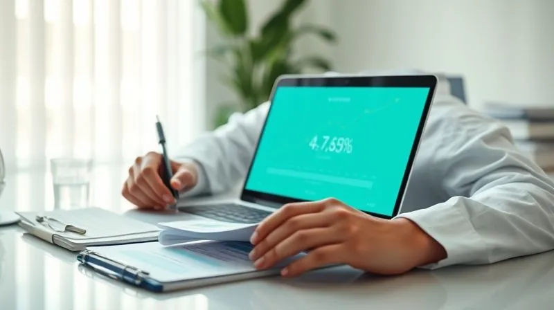 A photorealistic image of a physician meticulously organizing financial documents on a well-lit desk, with a laptop displaying a positive credit score graph. The atmosphere is calm and focused. Professional photography, 8K, cinematic lighting, sharp focus, depth of field, shot on a high-end DSLR.