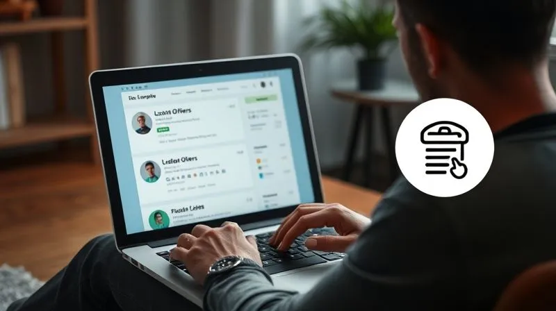 Photorealistic, professional photography, 8K, cinematic lighting, sharp focus, depth of field, shot on a high-end DSLR. A person sitting at a laptop, thoughtfully comparing different loan offers displayed on the screen, with a 'soft inquiry' icon highlighted, symbolizing careful financial research.