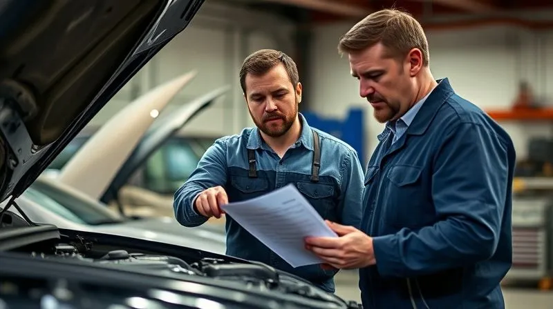 A mechanic explaining a repair to a car owner, pointing at an engine, with an itemized invoice in hand, both looking serious but engaged, photorealistic, professional photography, 8K, cinematic lighting, sharp focus, depth of field, shot on a high-end DSLR, industrial garage background.