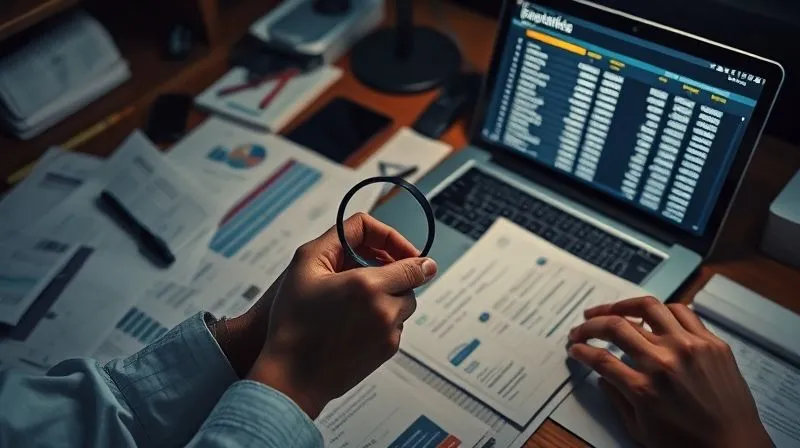 A photorealistic, high-angle shot of a professional's desk, cluttered with financial documents, a magnifying glass, and a laptop displaying suspicious transaction data. The scene is lit with dramatic, cinematic lighting, highlighting the urgency of investigation. Sharp focus on the documents and hands, depth of field, 8K hyper-detailed, professional photography.