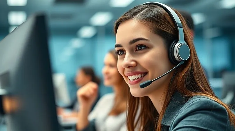 A photorealistic image of a customer service representative calmly assisting a customer via a headset, with a clear and friendly expression. The background shows a clean, modern call center environment. Professional photography, 8K, cinematic lighting, sharp focus on the representative, depth of field.