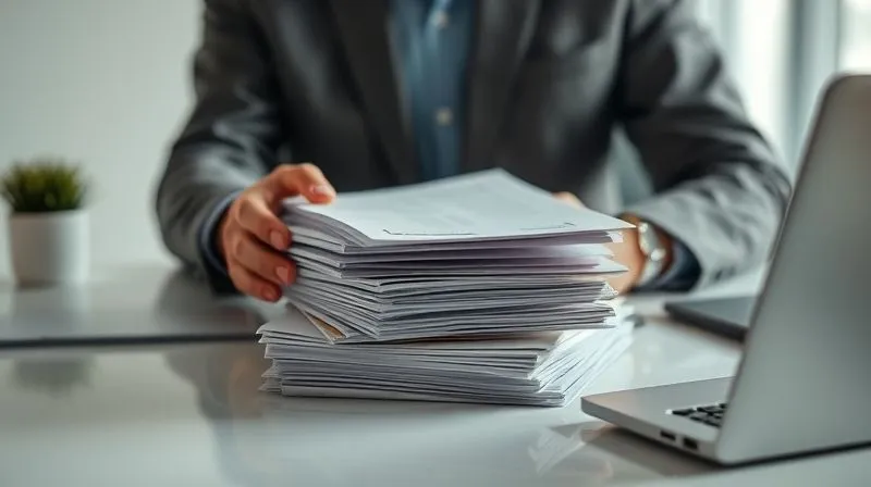 A photorealistic, professional photography shot of a small business owner meticulously organizing a stack of legal documents and digital files on a clean, modern desk. The scene is illuminated by soft, cinematic lighting, with sharp focus on the documents and a subtle depth of field. 8K hyper-detailed, shot on a high-end DSLR.