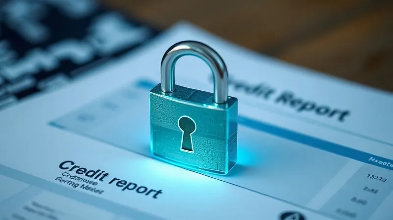 A photorealistic image of a digital lock icon overlaid on a professional credit report document, with a strong, secure feel. Blue and green hues representing security and growth. Cinematic lighting, sharp focus on the lock and document, depth of field blurring a background of financial data. Shot on a high-end DSLR, 8K hyper-detailed.