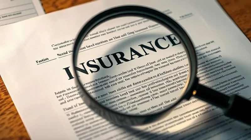 A photorealistic image depicting a complex, multi-layered insurance document with fine print highlighted, surrounded by question marks, conveying caution and complexity. The document is partially obscured by a magnifying glass, emphasizing the need for detailed scrutiny. Cinematic lighting, sharp focus on the document, 8K hyper-detailed, shot on a high-end DSLR.