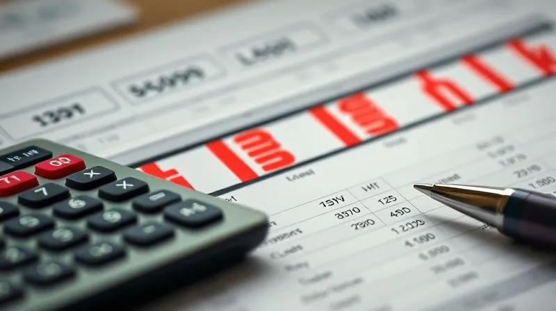 A photorealistic image of a financial ledger with red and green numbers balancing, representing capital gains and losses, with a calculator and pen, cinematic lighting, sharp focus, depth of field, 8K hyper-detailed.
