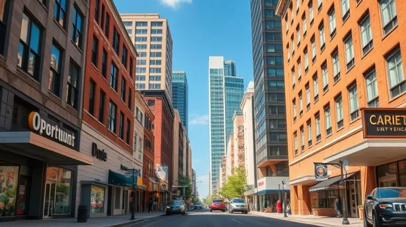 A photorealistic image of a vibrant, revitalized urban street scene with modern buildings and thriving small businesses, symbolizing investment and growth in an Opportunity Zone, cinematic lighting, sharp focus, depth of field, 8K hyper-detailed.