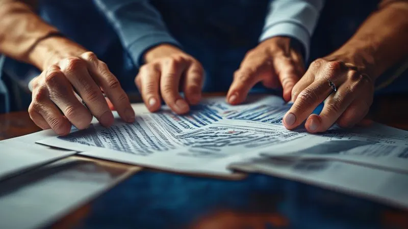 A photorealistic, close-up shot of three diverse hands (representing a financial advisor, tax specialist, and estate attorney) pointing at different sections of a complex financial document, symbolizing collaborative expert guidance in wealth management. Professional photography, 8K, cinematic lighting, sharp focus, depth of field, shot on a high-end DSLR.