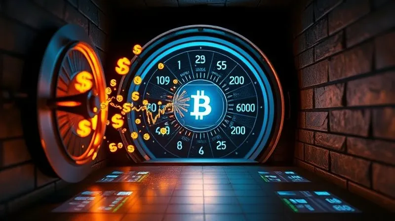 A photorealistic image of digital currency symbols flowing out of a traditional bank vault, depicted as a stream of light, towards a central, glowing digital ledger, with a subtle ripple effect on surrounding financial market charts. Professional photography, 8K, cinematic lighting, sharp focus, depth of field.