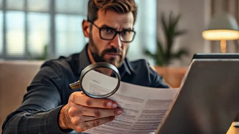 A person looking at a complex insurance document with a magnifying glass, a laptop open in the background showing flight details, a worried expression on their face. Photorealistic, professional photography, 8K, cinematic lighting, sharp focus, depth of field, shot on a high-end DSLR.