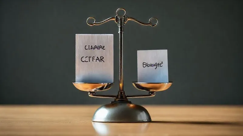 A person weighing two different travel insurance policies on a delicate scale. One policy document is thick and labeled 'CFAR', making the scale tip heavily. The other is thin and labeled 'Budget', barely registering. Cinematic lighting, sharp focus, depth of field blurring the background, 8K hyper-detailed, professional photography, shot on a high-end DSLR.