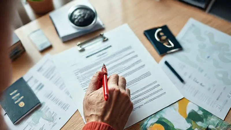 A person's hand highlighting a specific clause in a complex insurance document with a red pen, surrounded by other travel documents like a passport and boarding pass, in a well-lit, organized home office setting. The person looks focused and analytical. Photorealistic, professional photography, 8K, cinematic lighting, sharp focus, depth of field, shot on a high-end DSLR.
