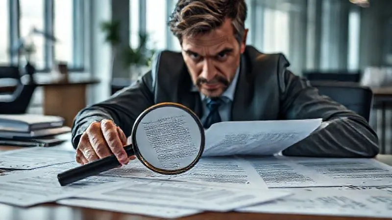 Photorealistic, professional photography, 8K, cinematic lighting, sharp focus, depth of field, shot on a high-end DSLR. A distressed professional individual, perhaps an architect or consultant, examining complex legal documents and financial statements spread across a large desk, with a magnifying glass over a specific clause, conveying the weight of a professional liability claim. The background is a modern, slightly blurred office setting.
