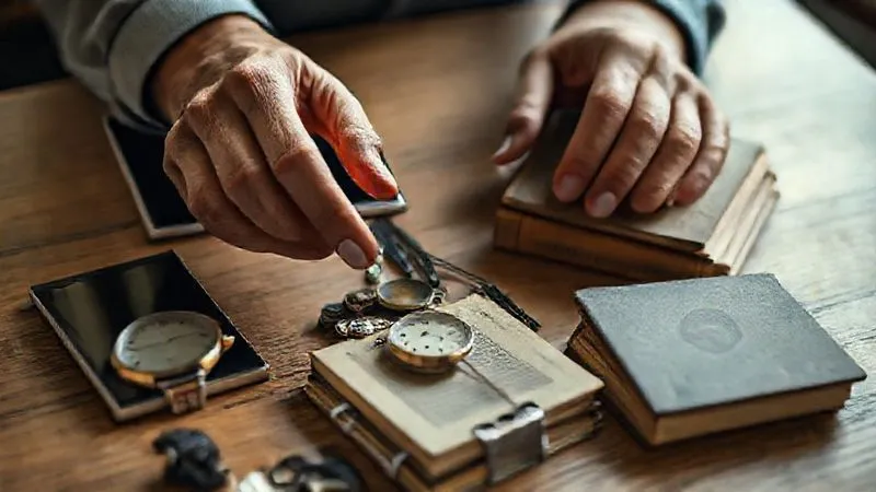 A photorealistic close-up of a person's hands sifting through a small collection of items on a table – a vintage watch, a tablet, and a small stack of old books – evaluating their potential resale value, with soft, directional lighting and a shallow depth of field. Shot on a high-end DSLR, 8K hyper-detailed, professional photography.